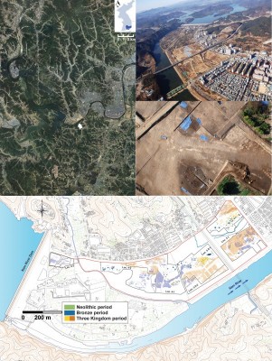Figure 1. Aerial views of the site of Pyeonggeo-dong and the distribution of archaeological features. 